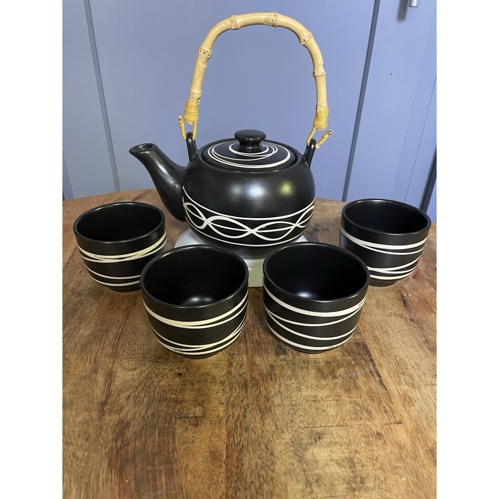 Black Matte Ceramic Teapot Tea Set w/ Bamboo Handle, Lid &‎ 4 Cups
